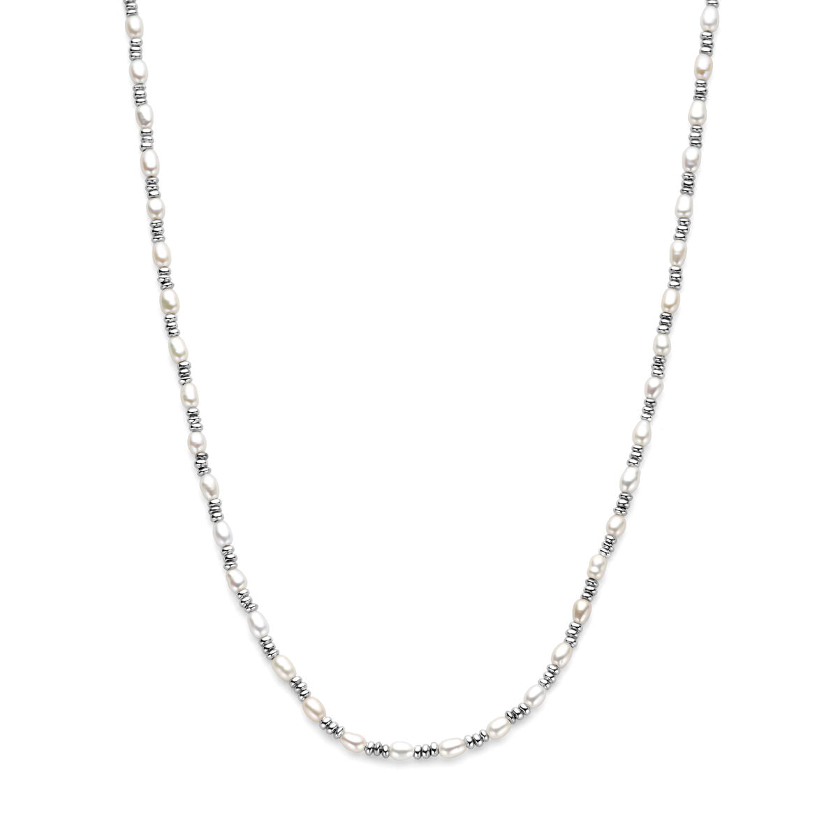 Collana di perle argentate con finitura rodiata.