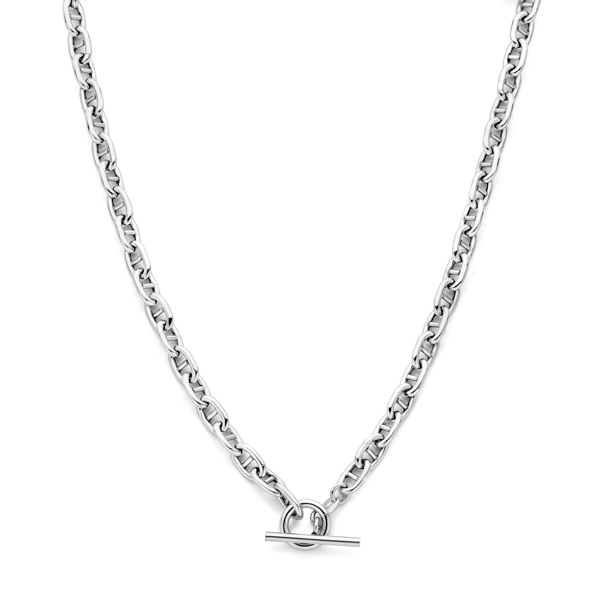 Collana in argento rodiato con maglia rolò di 5,9 mm e chiusura a capitello, lunga 42 cm.