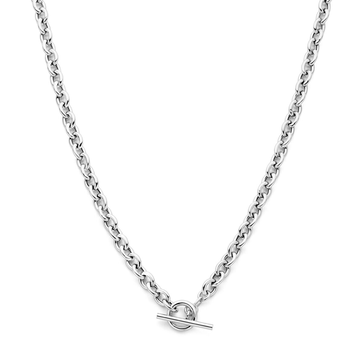 Collana in argento rodiato con maglia rolò di 6 mm e chiusura a cappio, lunghezza 42 cm.