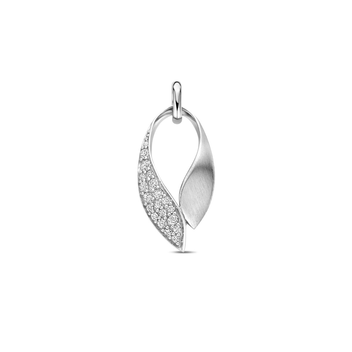 Ciondolo in argento rodiato con zircone, finitura lucida e opaca, forma a goccia di 22 mm.