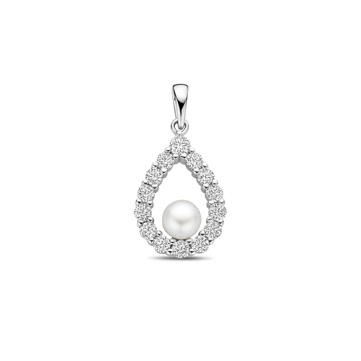 Ciondolo a forma di goccia in argento rodiato con perla centrale e zirconi scintillanti.