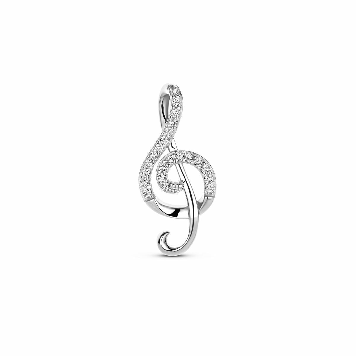 Ciondolo a forma di nota musicale in argento rodiato, decorato con zirconi.