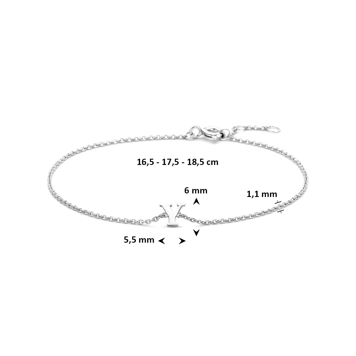 armband letter 16,5 - 17,5 - 18,5 cm zilver gerhodineerd