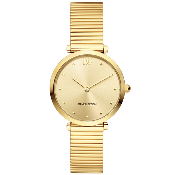 Orologio da donna con quadrante dorato e cinturino a maglia rolò in oro.
