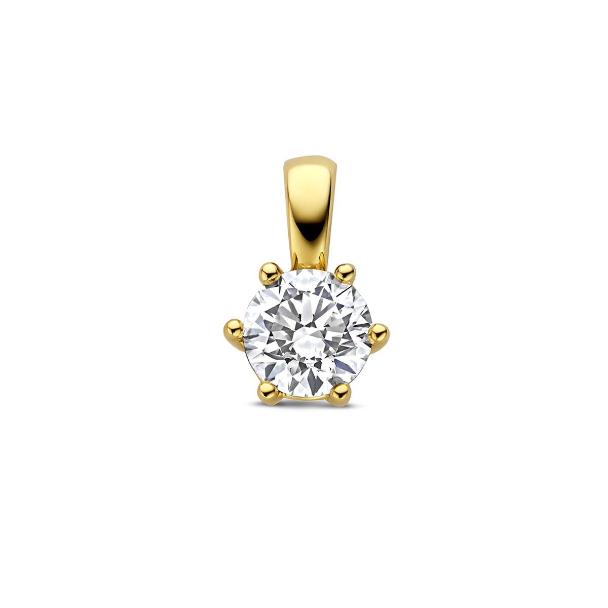 Ciondolo in oro giallo 14k con diamante lab-grown, forma rotonda e montatura a sei griffe.