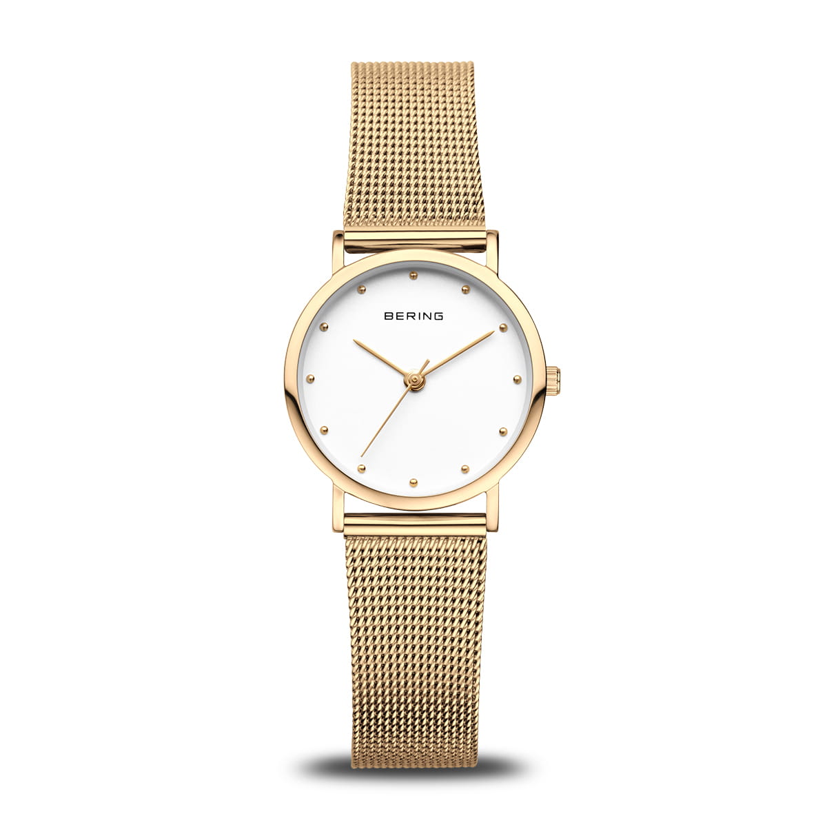 Orologio con cassa dorata e quadrante bianco, cinturino in maglia rolò dorata.