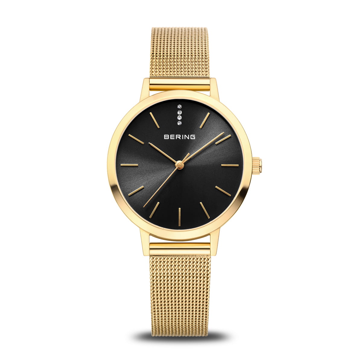 De Bering dames horloge zwarte wijzerplaat 13434-332 heeft een gouden kast, minimalistische gouden uurmarkeringen, saffierglas, vier ronde accenten op 12 uur en een goudkleurige Milanees band. Merk: Bering.