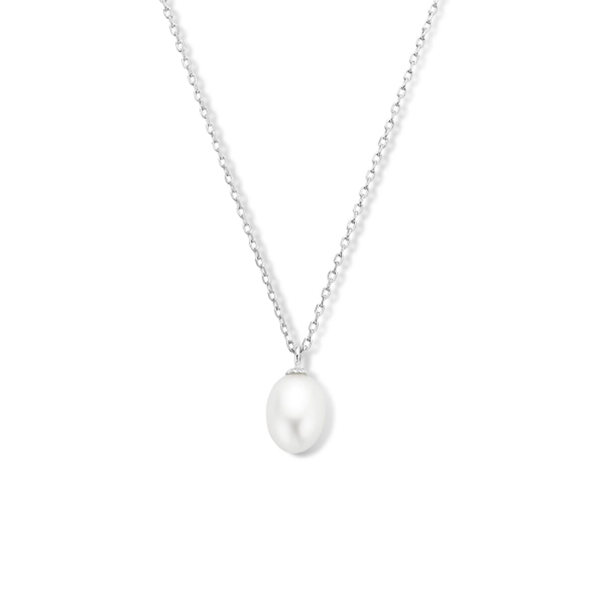 Collana in argento rodiato con una perla bianca pendente.