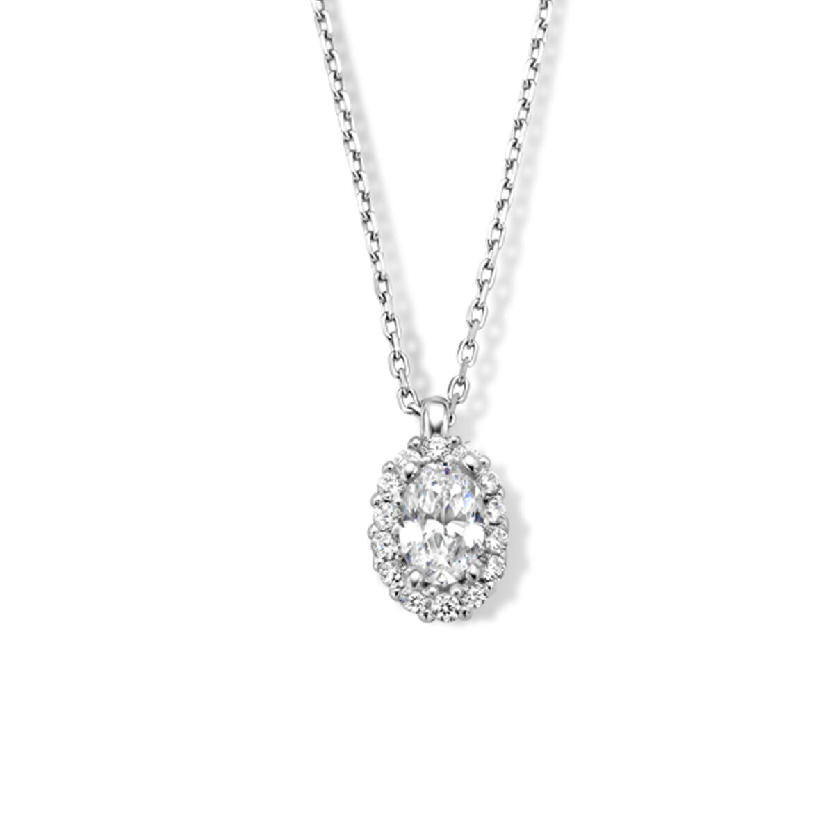 Collana in argento rodiato con pendente ovale in zirconi.