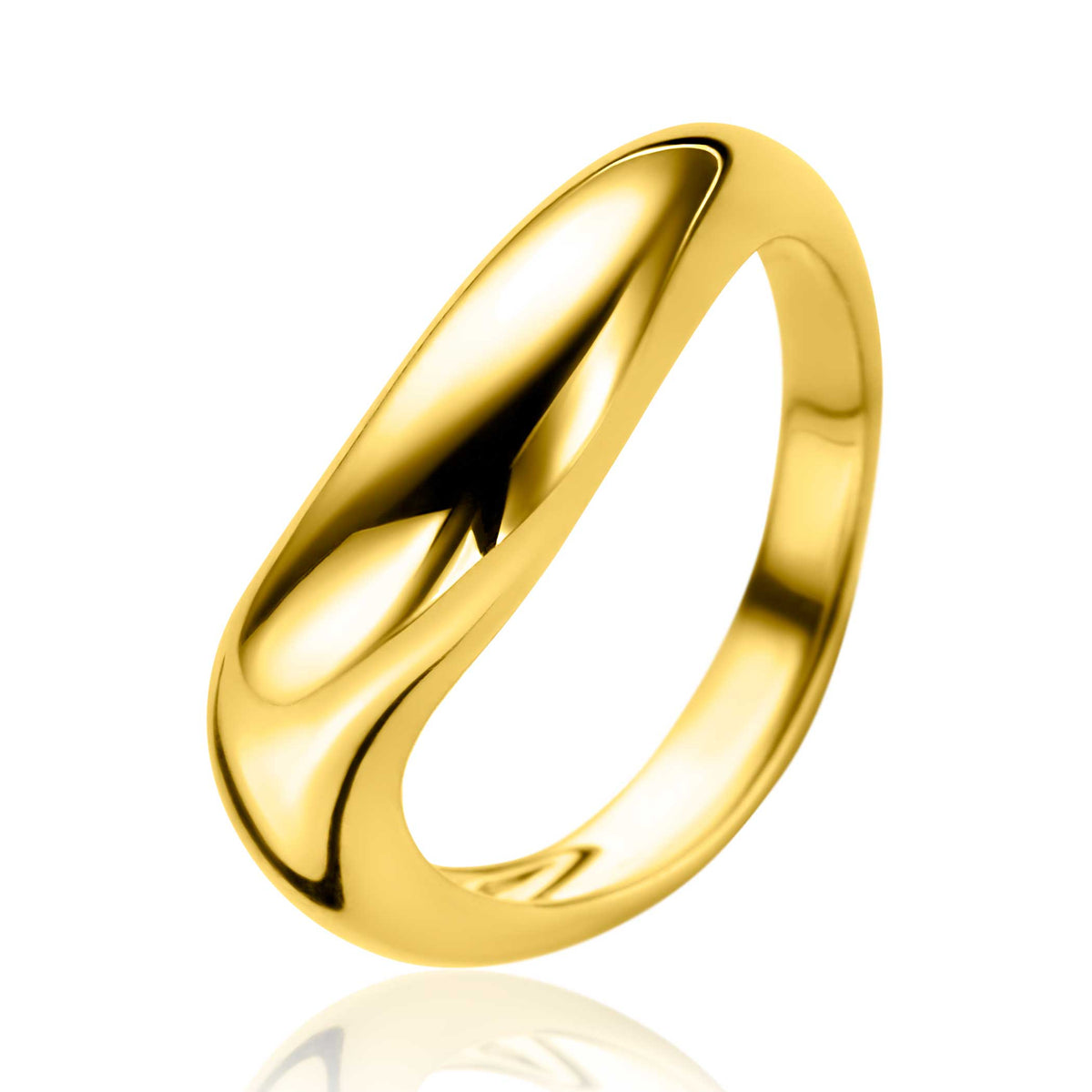 anello dorato lucido con design fluido e forma ovale