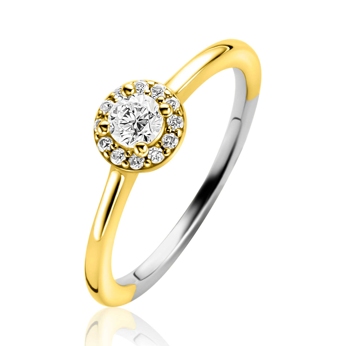 Anello placcato oro con pietra centrale e zirconi scintillanti.