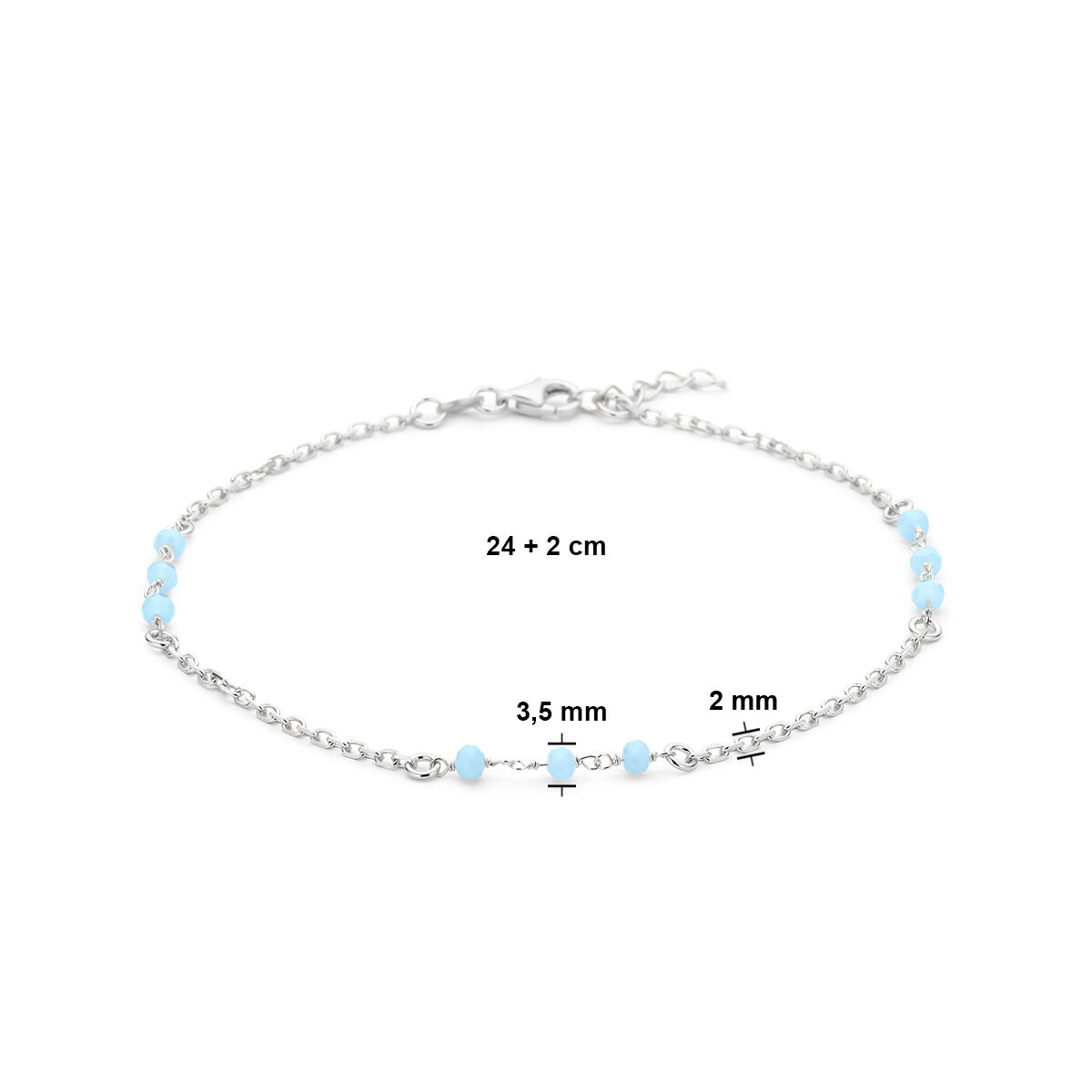 cavigliera con sferette di cristallo blu 24 + 2 cm argento rodiato
