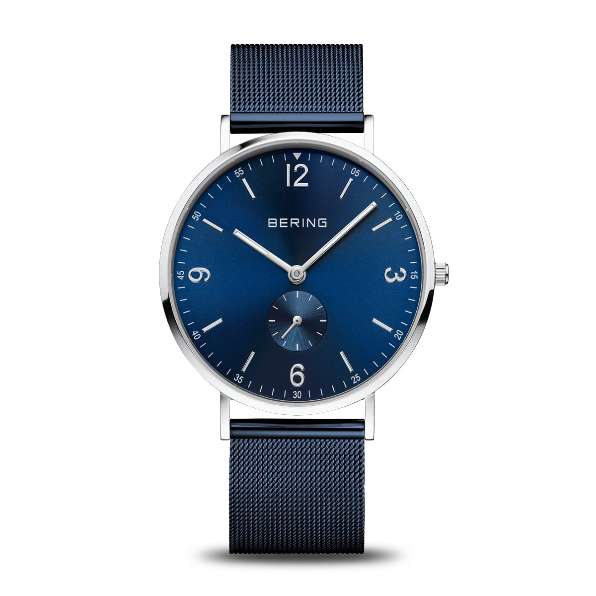 Orologio da uomo Bering con quadrante blu, cassa in acciaio e cinturino in maglia.