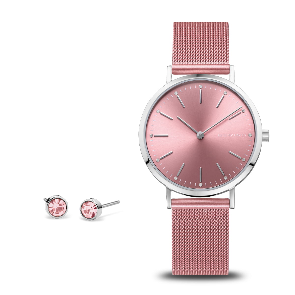 Orologio da donna con quadrante rosa, cassa argentata e cinturino in maglia metallica rosa.
