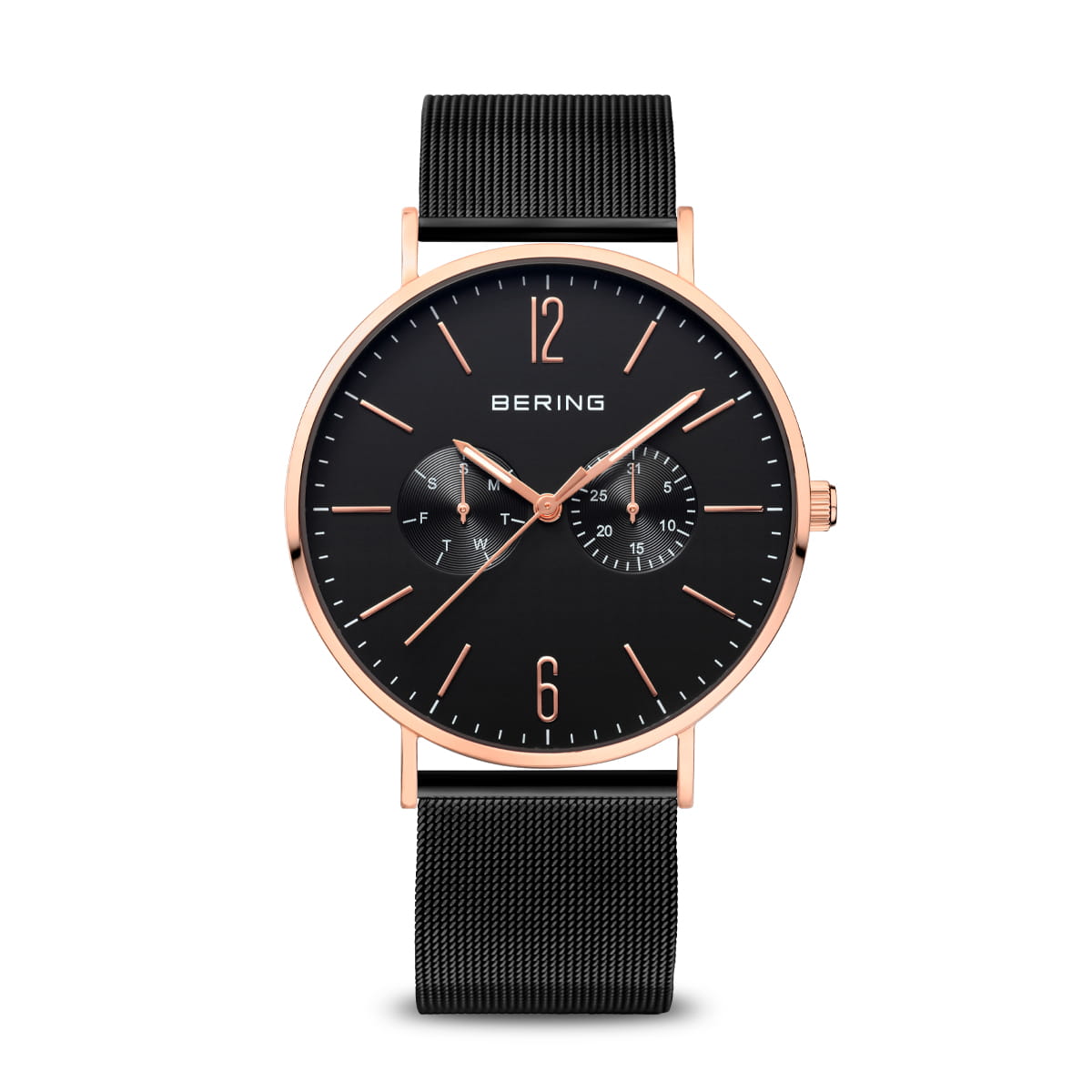 Orologio da uomo Bering con quadrante nero, cassa rosegold e cinturino in maglia rolò nera.