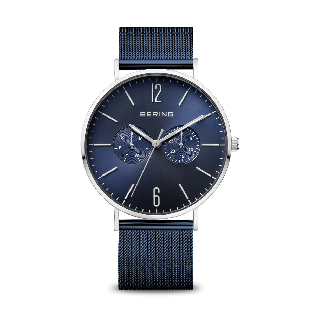Orologio da uomo Bering con quadrante blu, cassa argentata e cinturino in maglia rolò blu.