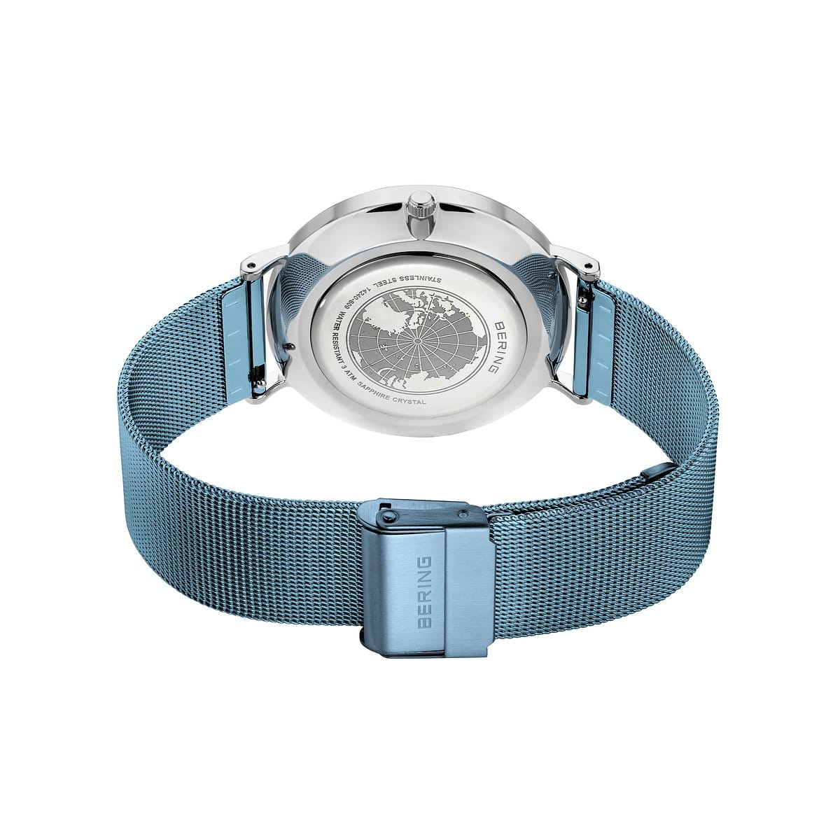 Orologio con cassa argentata e cinturino blu in silicone.