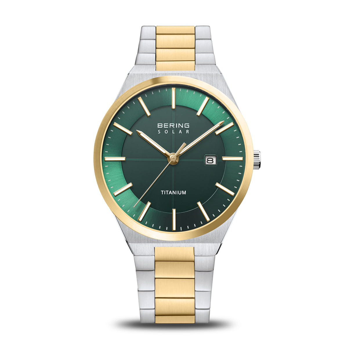 Orologio in titanio con quadrante verde sfumato, cassa argentata e cinturino bicolore oro e argento.
