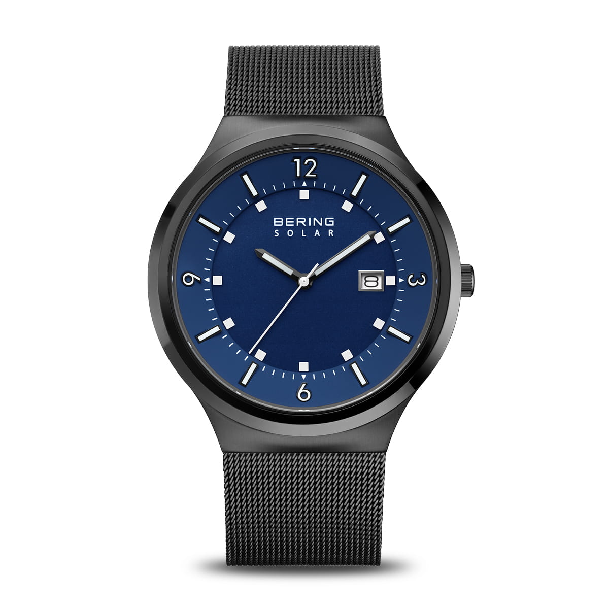 Orologio con cassa nera, quadrante blu e cinturino in maglia rolò.