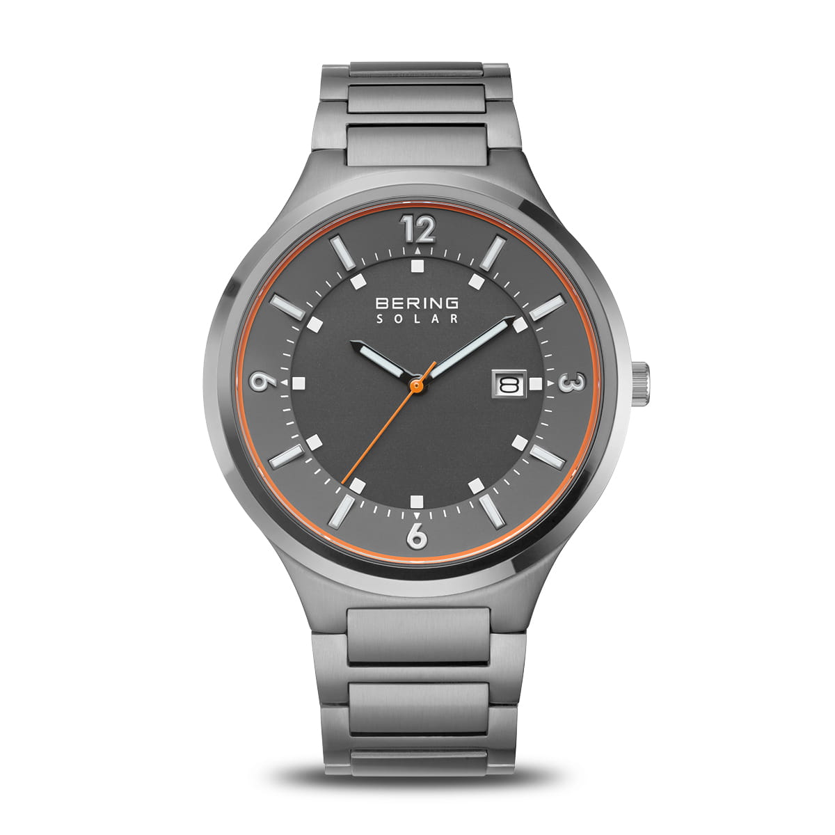 Orologio Bering Solar con cassa in acciaio inox, quadrante grigio e dettagli arancioni.