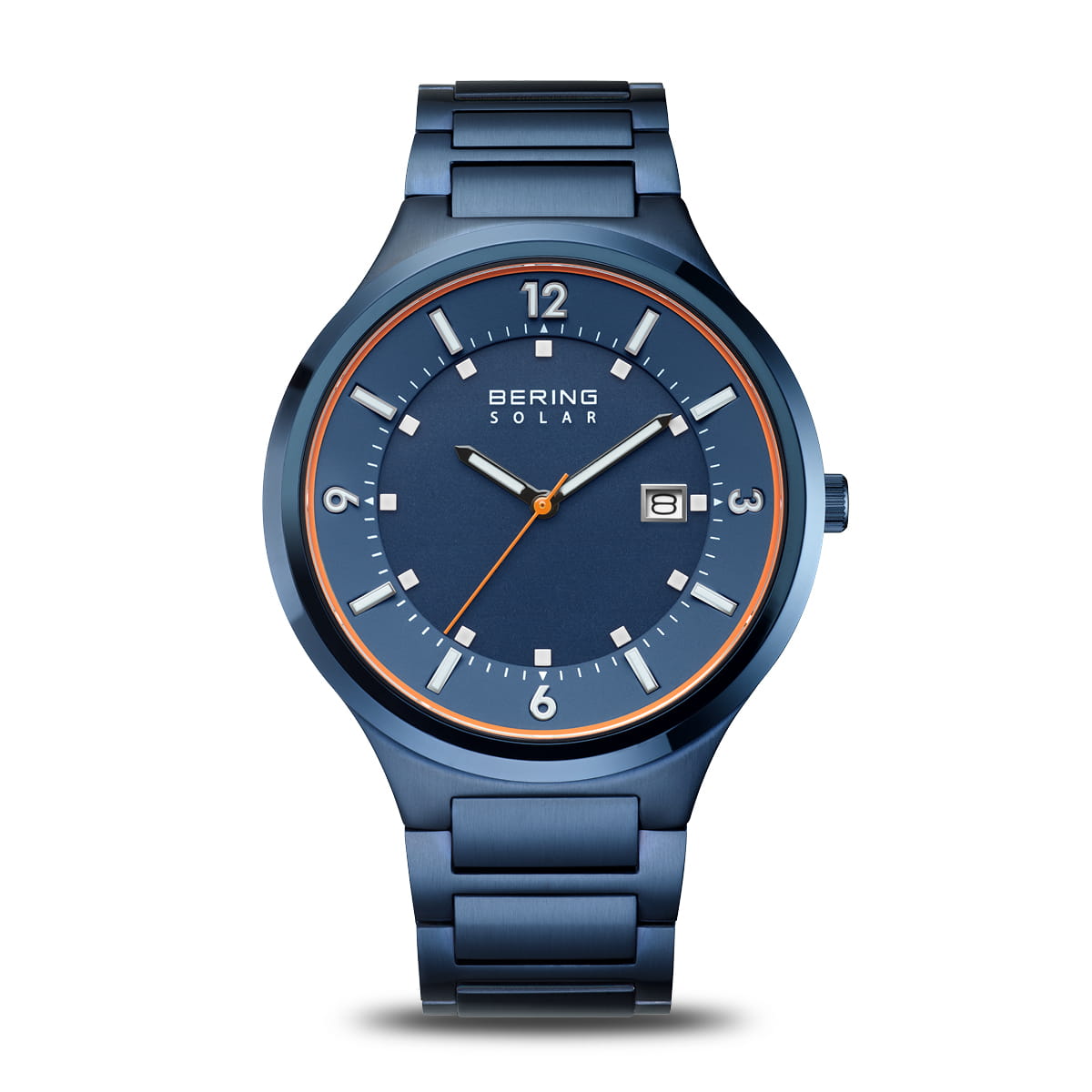 Orologio Bering Solar con cassa blu, quadrante blu e dettagli arancioni, cinturino in acciaio.