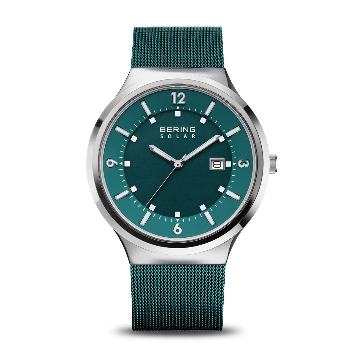 Orologio con cassa in acciaio inox, quadrante verde, cinturino in maglia rolò.