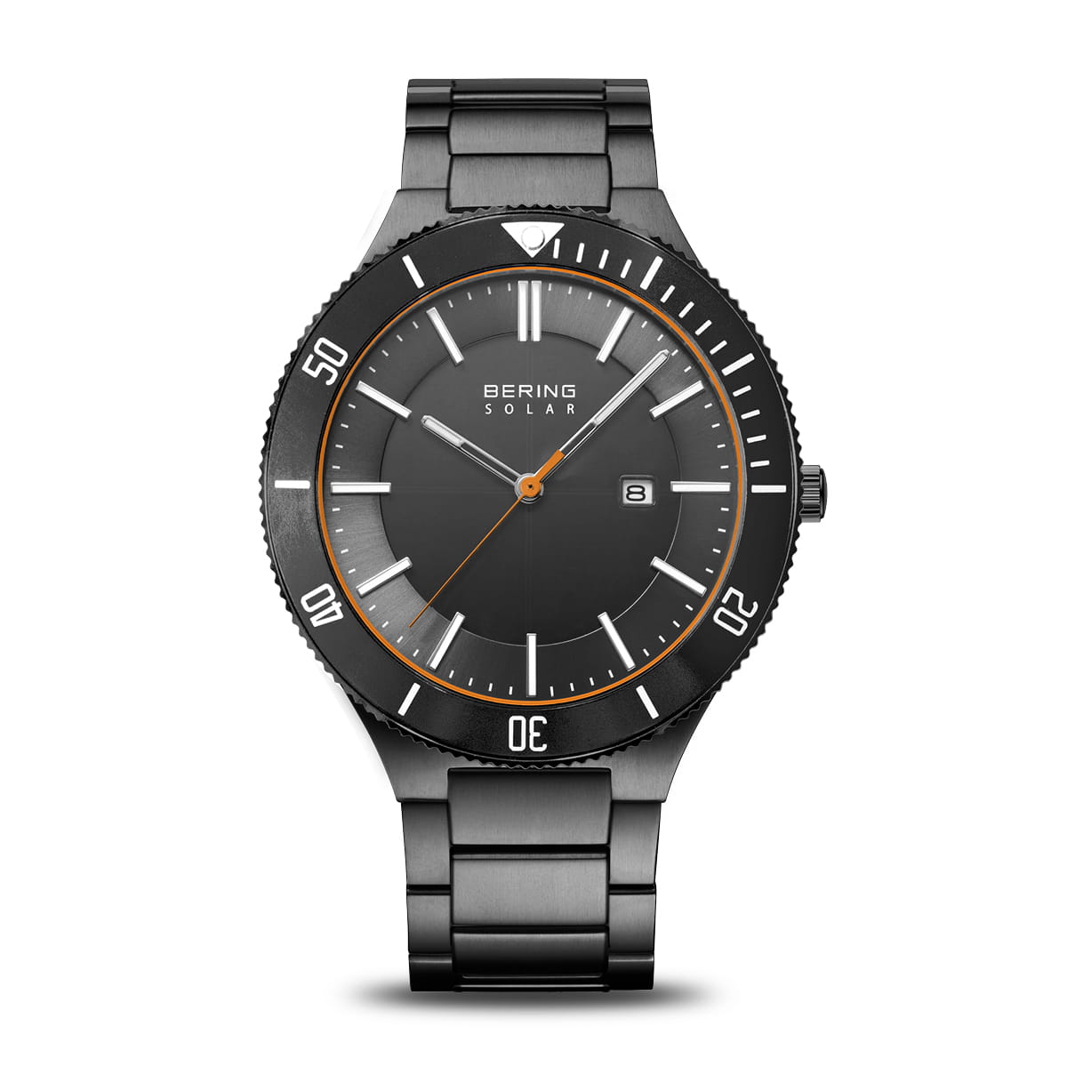 Orologio da uomo con quadrante grigio, cassa nera e cinturino in acciaio inossidabile.