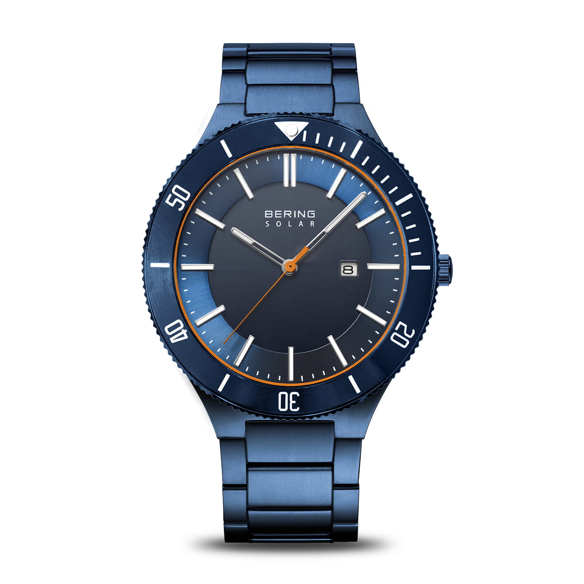 Orologio da uomo con quadrante blu, cassa e bracciale in acciaio blu, dettagli arancioni.