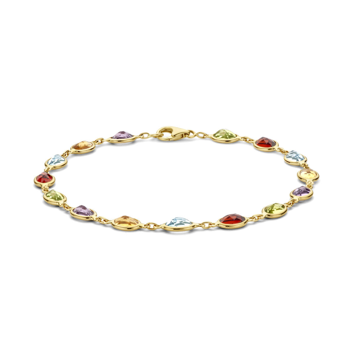 Bracciale in oro 14K con pietre naturali colorate, forma ovale e dettagli lucidi.