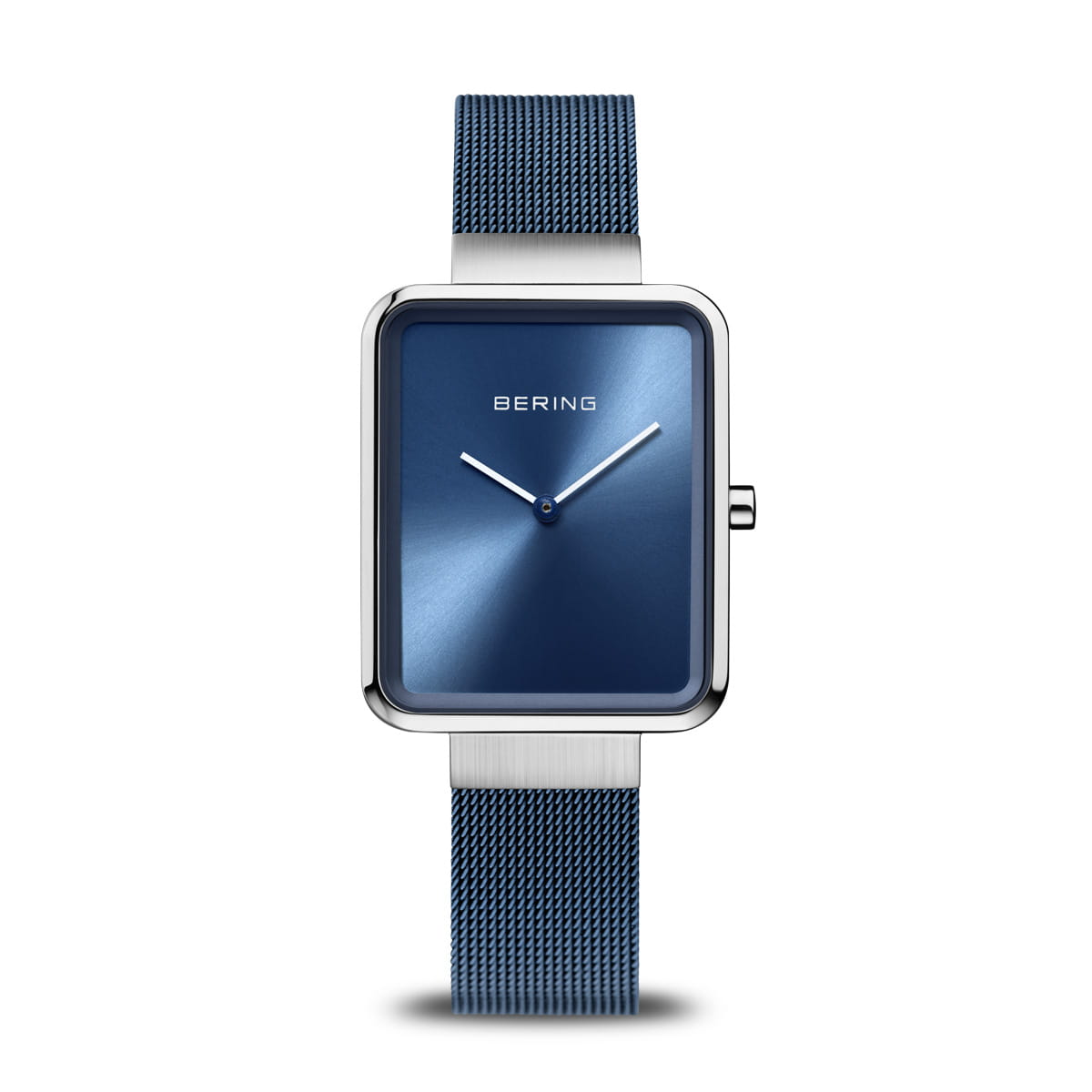 Orologio da donna con quadrante blu, cassa quadrata in acciaio e cinturino in maglia rolò blu.