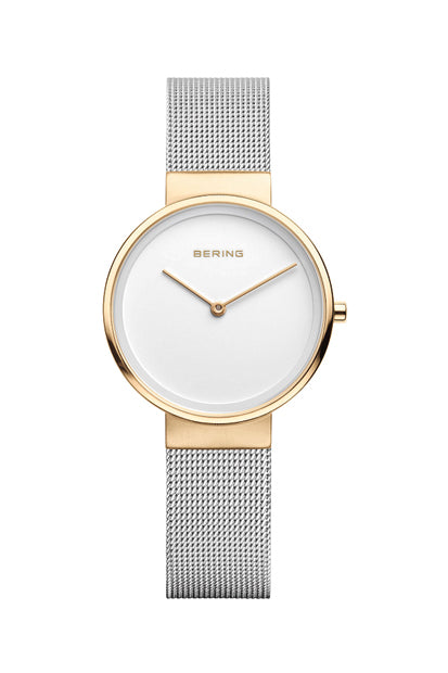 Orologio con cassa dorata, quadrante bianco e cinturino in maglia rolò argentata.
