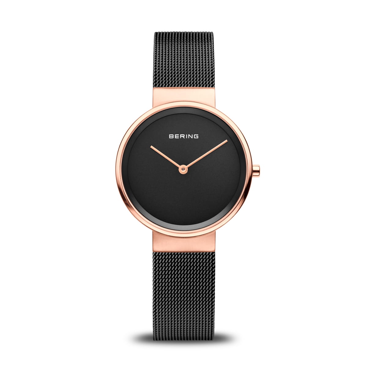 Orologio da donna con quadrante nero, cassa rosegold e cinturino in maglia.