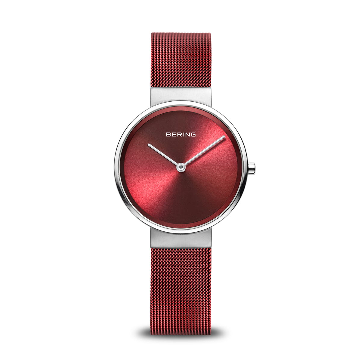 Orologio da donna con quadrante rosso e cinturino in maglia rolò argentata.