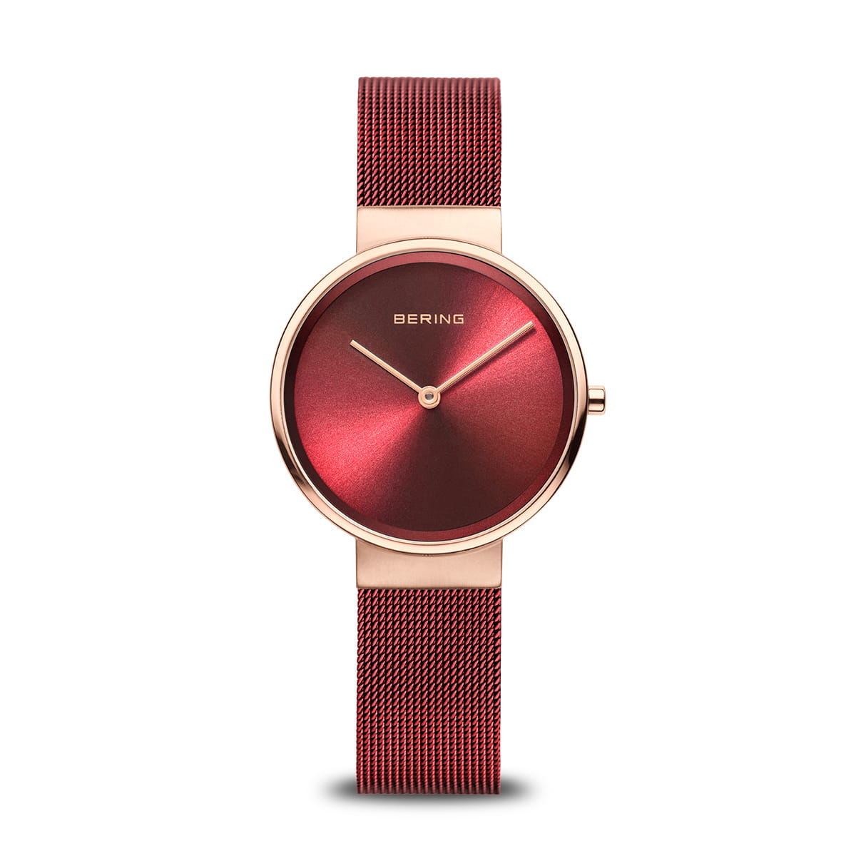 Orologio da donna con quadrante rosso e cinturino in maglia rolò dorata.