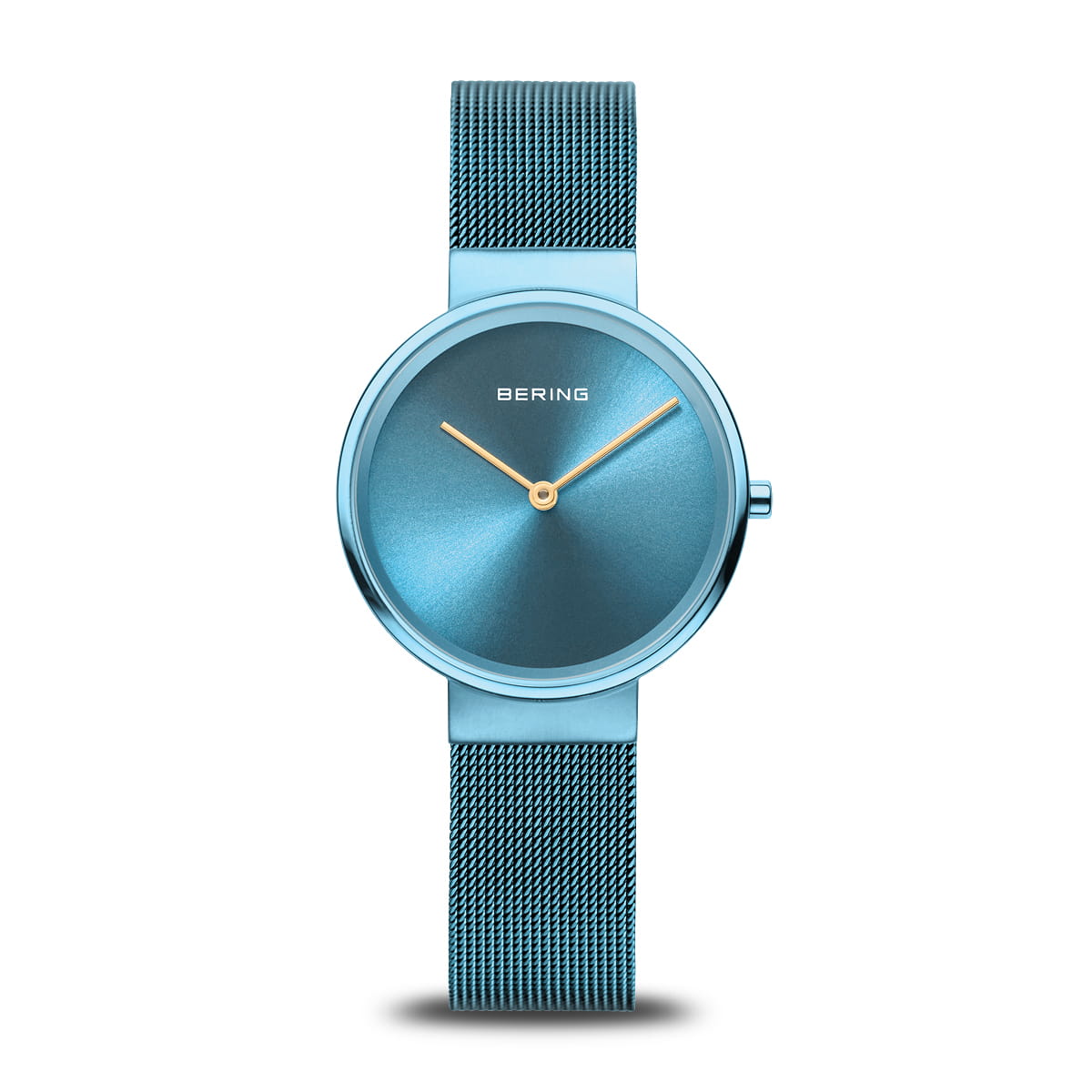 Orologio con quadrante blu e cinturino in maglia rolò blu.