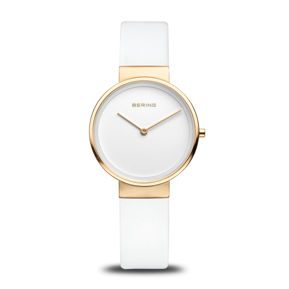 Orologio con cassa dorata e quadrante bianco, cinturino in pelle bianca.