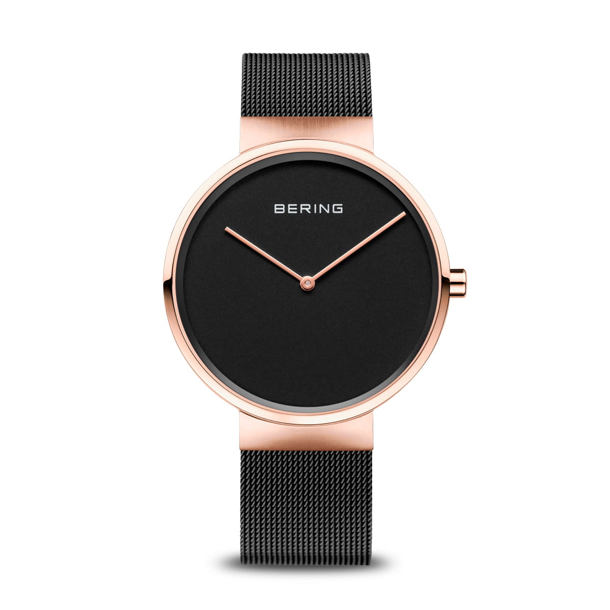 Orologio con cassa rotonda in acciaio rosa e quadrante nero, cinturino in maglia metallica nera.