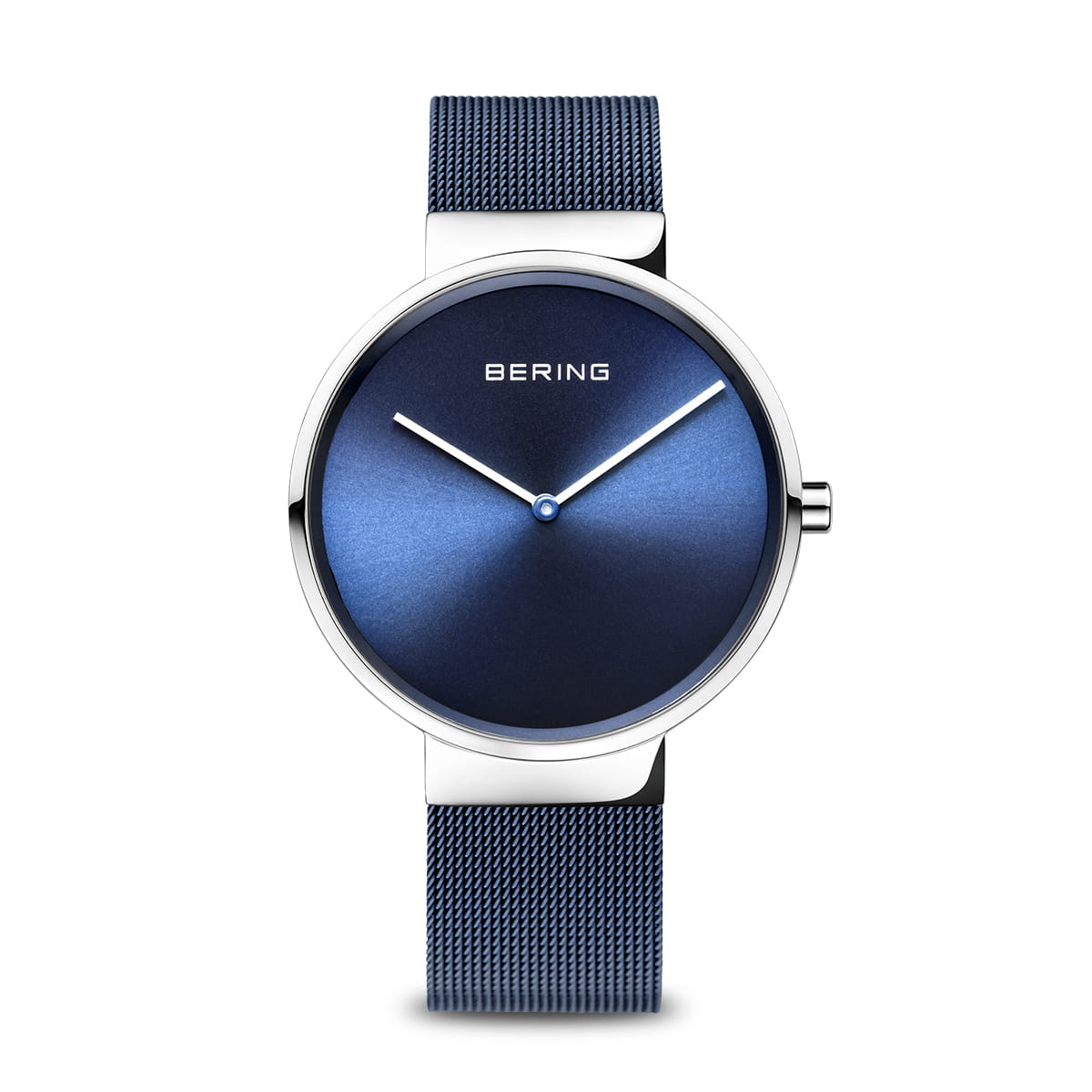 Orologio unisex con quadrante blu e cinturino in maglia rolò argentata.