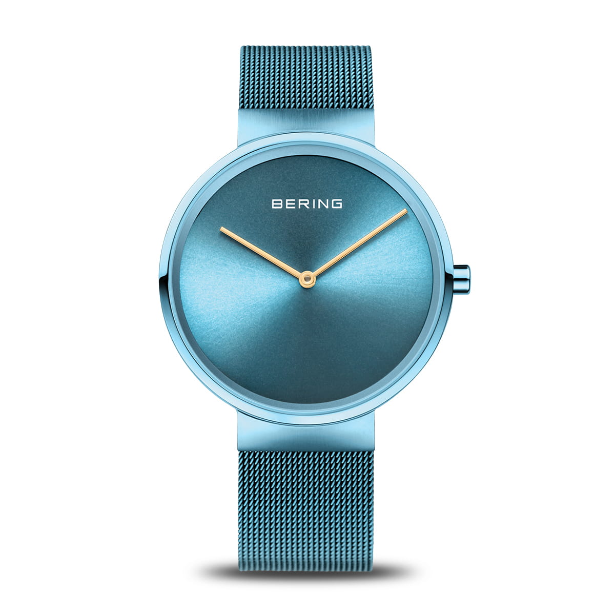 Orologio con cassa blu e quadrante sfumato, cinturino in maglia rolò blu e lancette dorate.