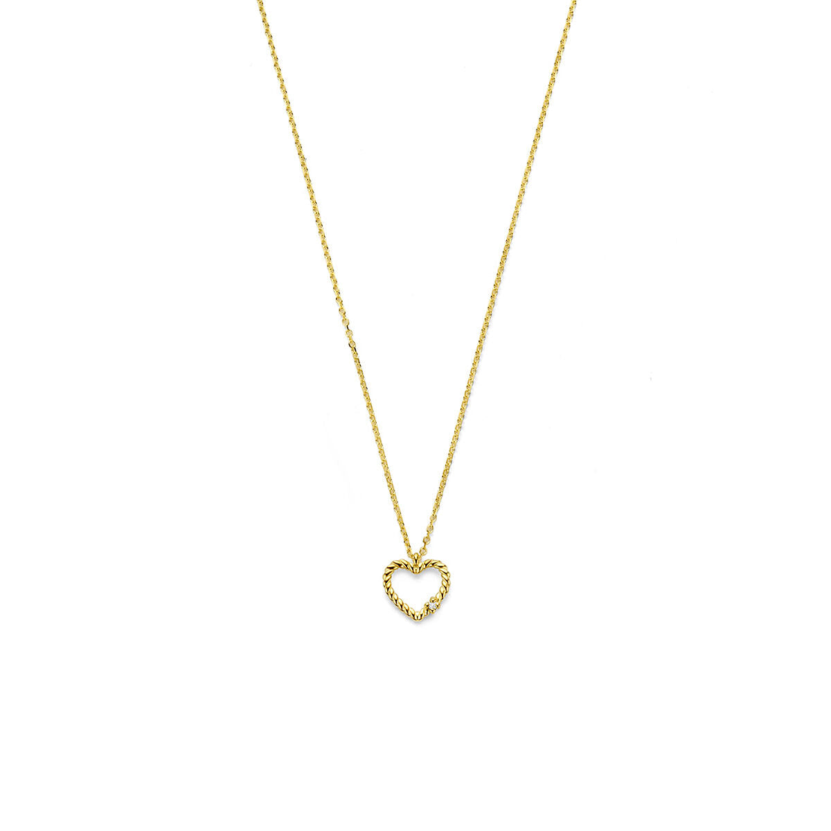 14k geelgouden collier met een hartje bezet met kleine diamanten.