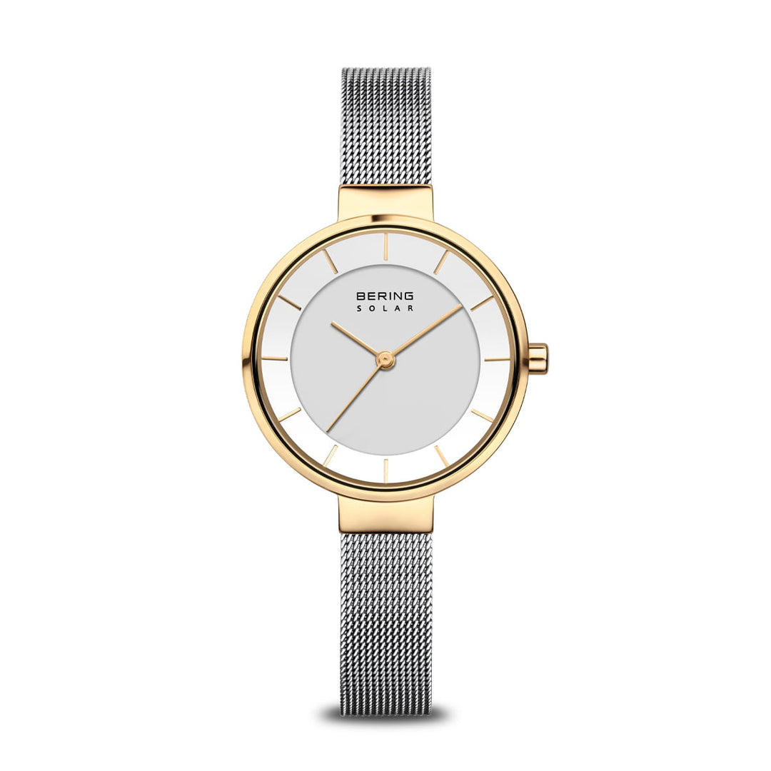 Het Bering Dameshorloge (14631-024) combineert minimalistisch design met een gouden kast en witte wijzerplaat, met dunne gouden uurmarkeringen. Het is een solar horloge met een zilveren mesh band, eenvoudige gouden wijzers en Bering Solar op de wijzerplaat, elegant afgewerkt met duurzaam saffierglas voor blijvende helderheid.