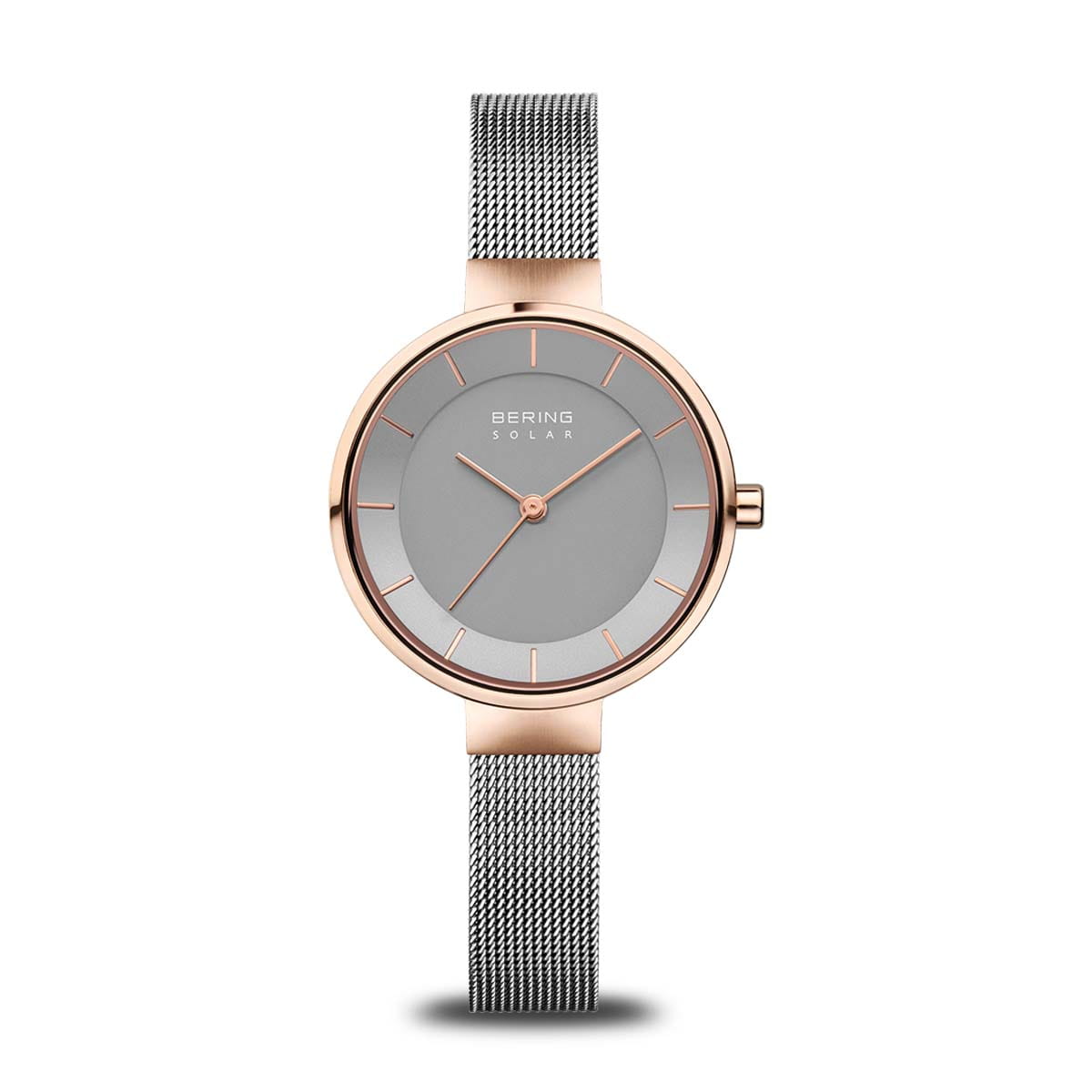 Orologio da donna con quadrante grigio, cassa rosegold e cinturino in maglia metallica.