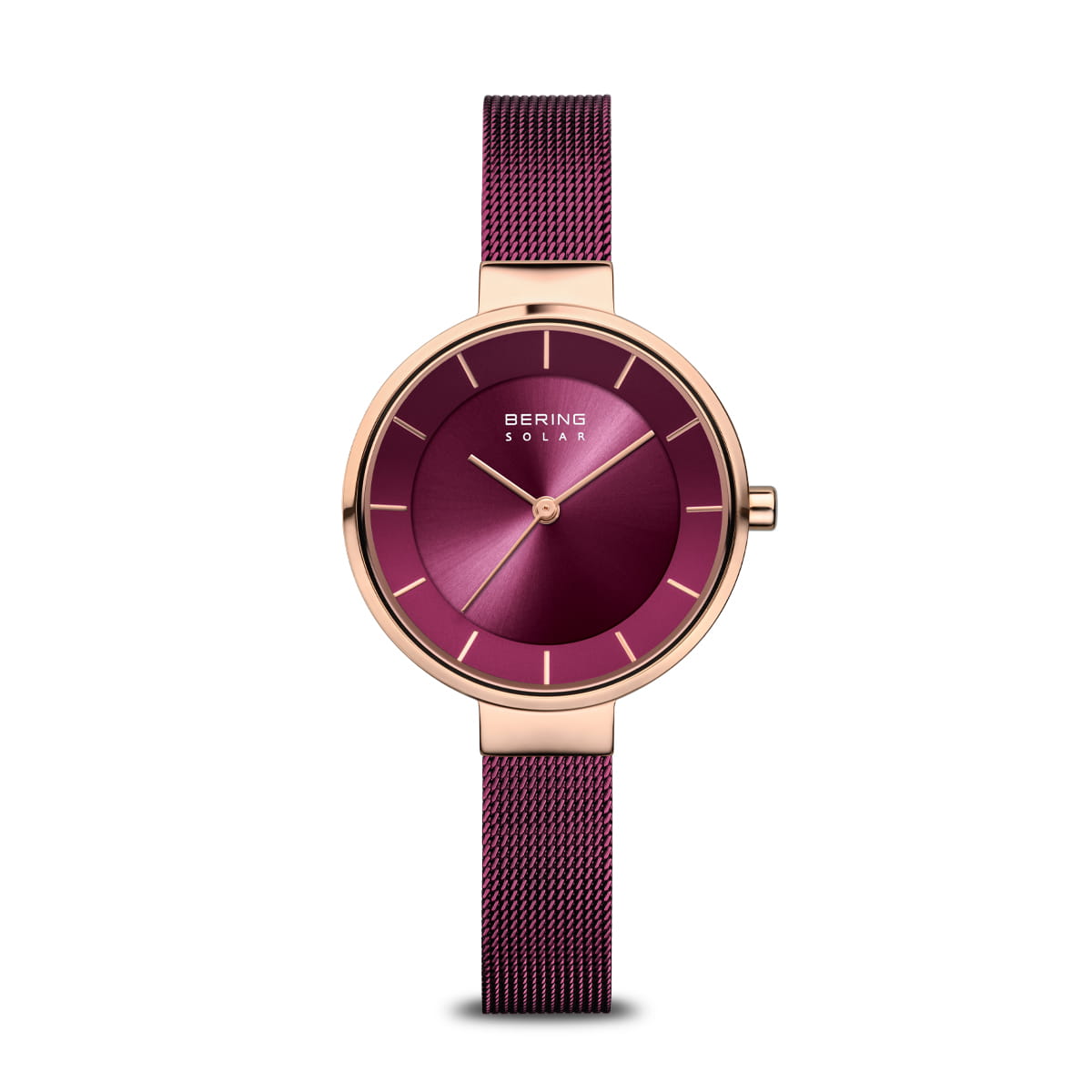 Orologio con quadrante bordeaux e cinturino in maglia rolò dorato.