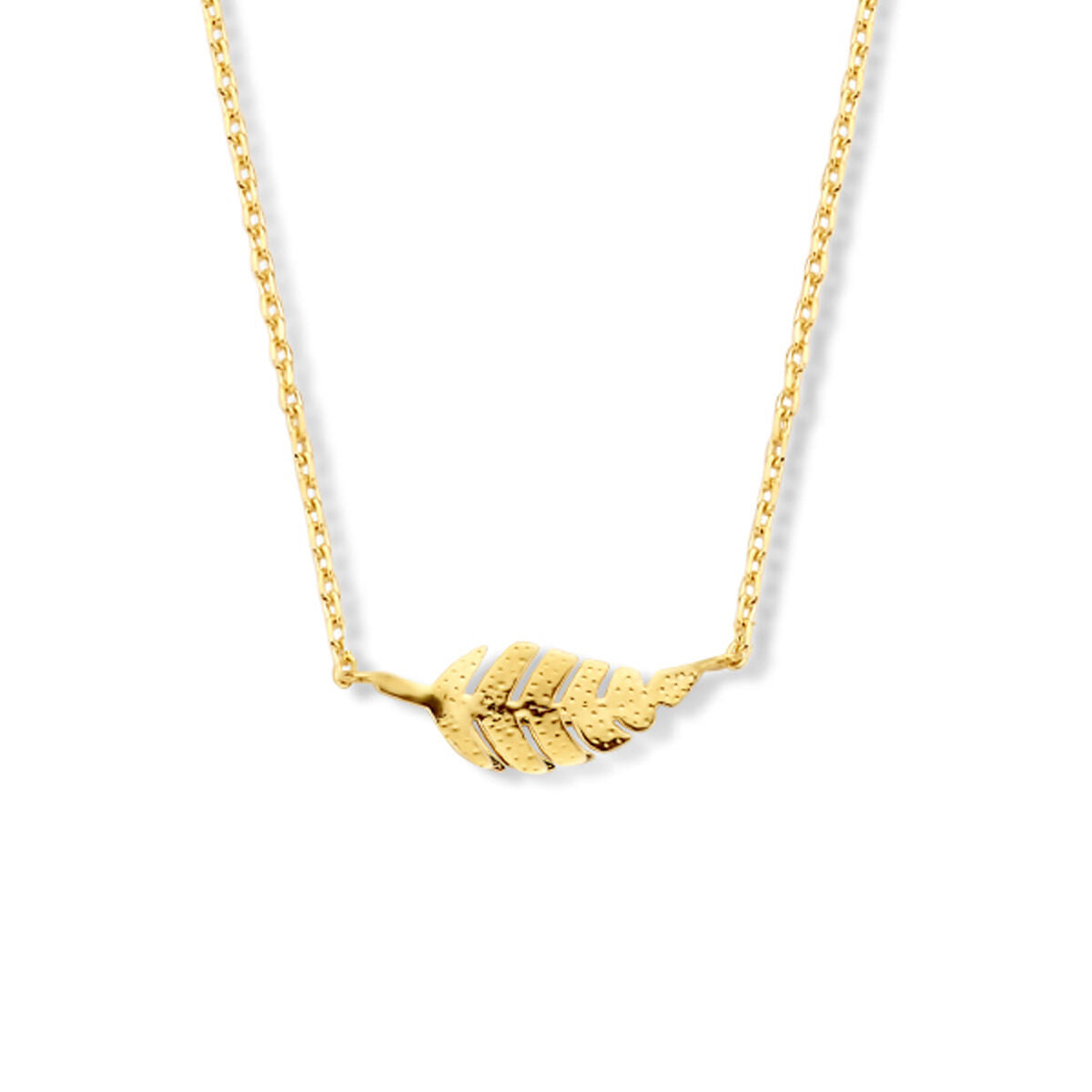 Gouden ketting van 9k met een veervormig hanger in geelgoudkleur.