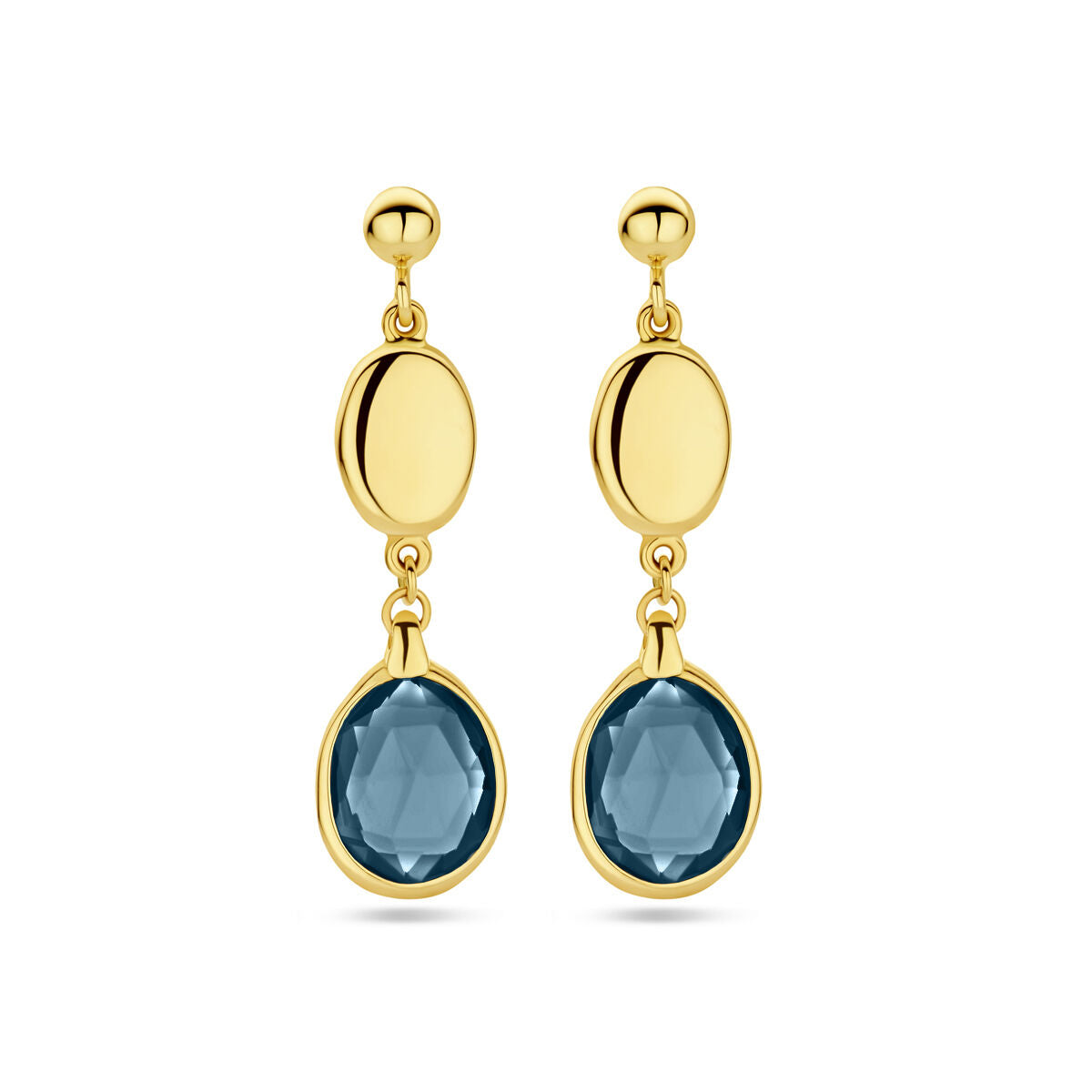 Orecchini in oro giallo 14K con topazio blu di Londra, forma ovale e goccia.