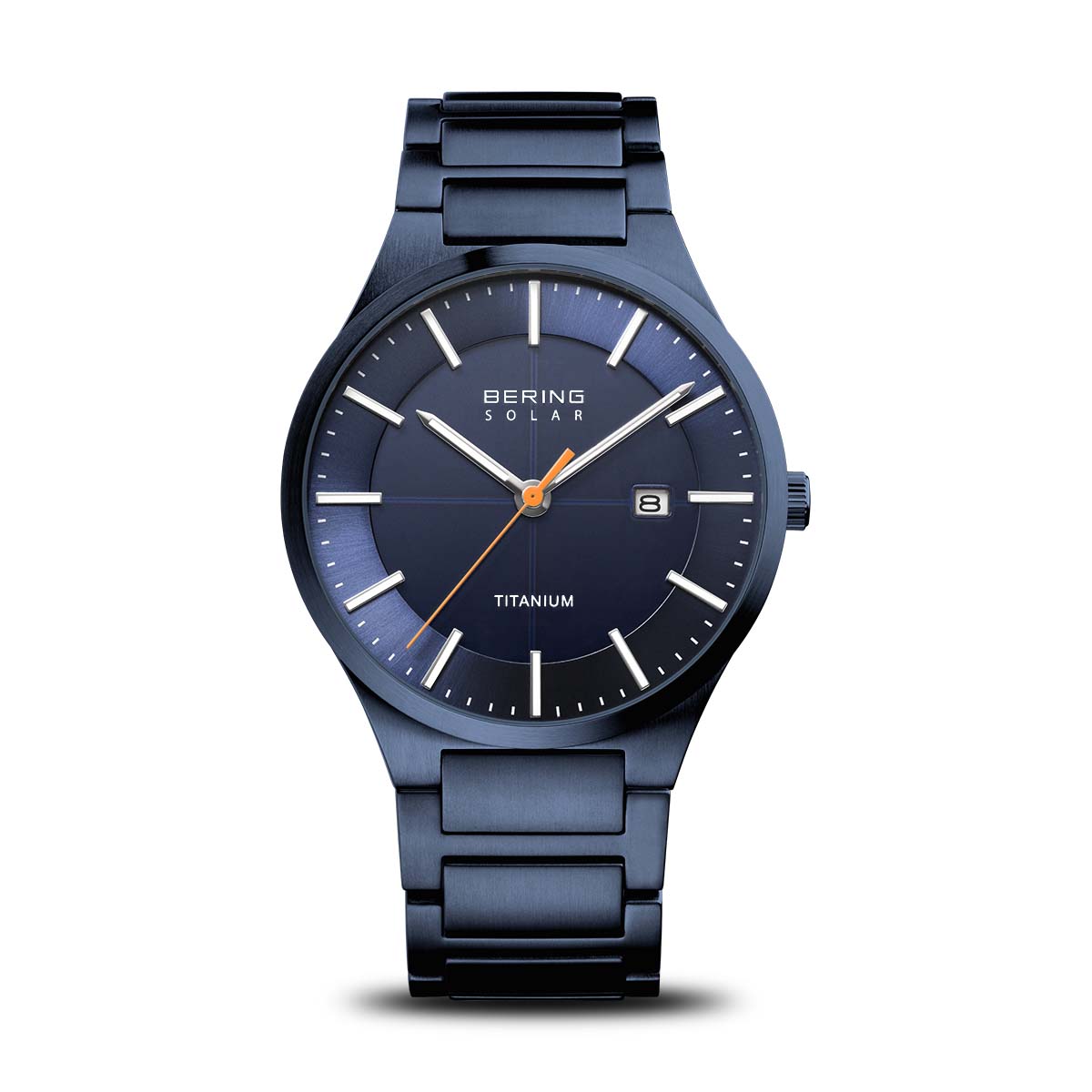 Orologio in titanio con quadrante blu, cinturino a maglia, dettagli arancioni e datario.