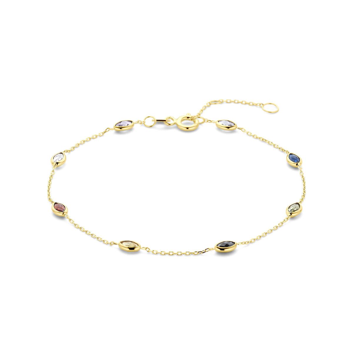 Bracciale in oro giallo 14k con zirconi colorati, design elegante e vivace.