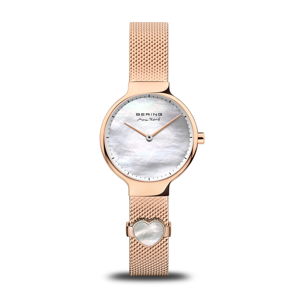 Orologio con cassa rotonda in oro rosa, quadrante madreperla e cinturino in maglia rolò con cuore.