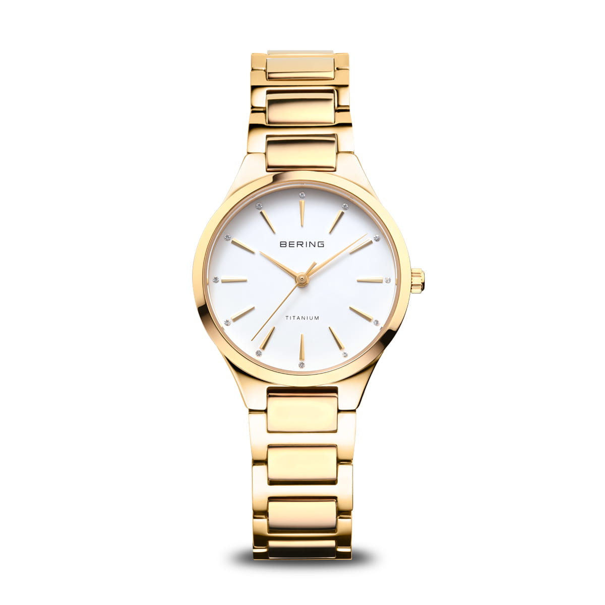 Orologio da donna con quadrante bianco e cassa dorata, bracciale in metallo lucido.