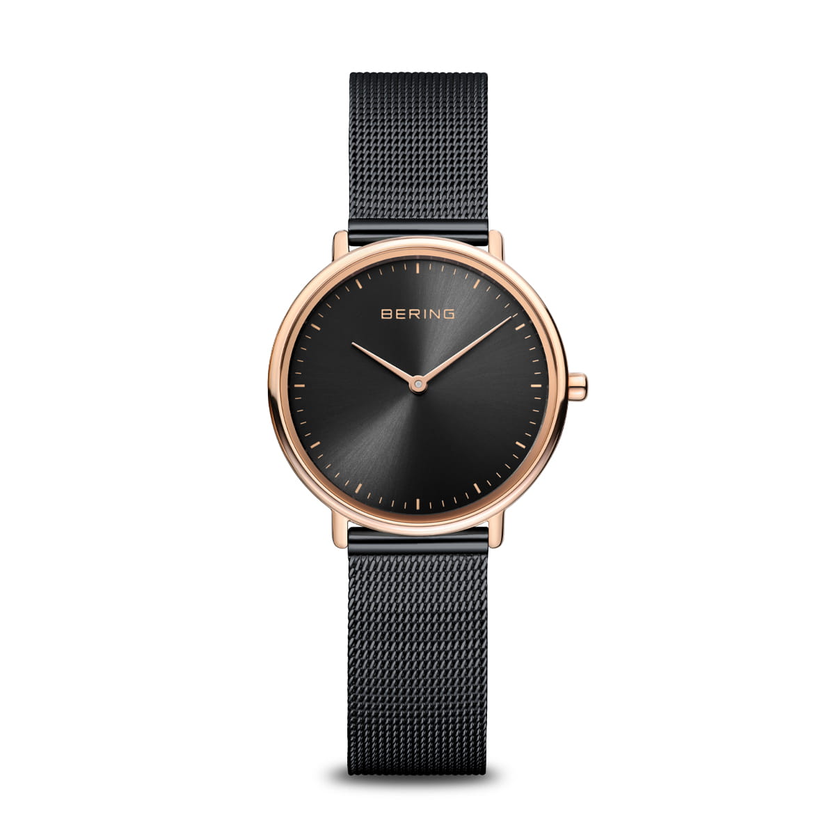 Orologio da donna con quadrante nero, cassa rosegold e cinturino in maglia rolò nera.